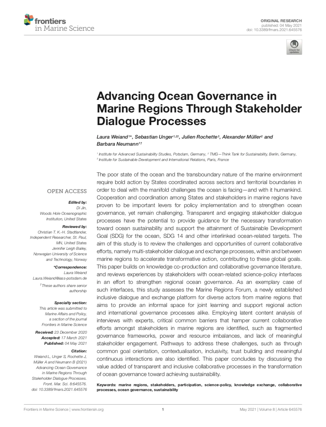 Advancing Ocean Governance in Marine Regions Through Stakeholder Dialogue Processes